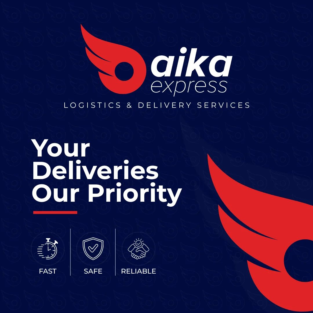 Aika Express brand artwork featuring the message Your Deliveries, Our Priority